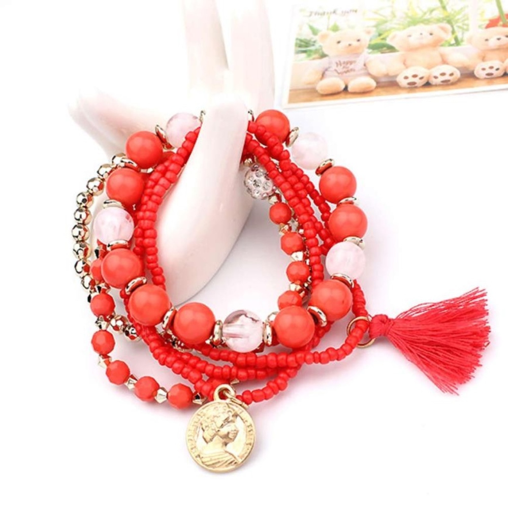 Boho Red Beaded Multilayer Tassel Coin Bracelet